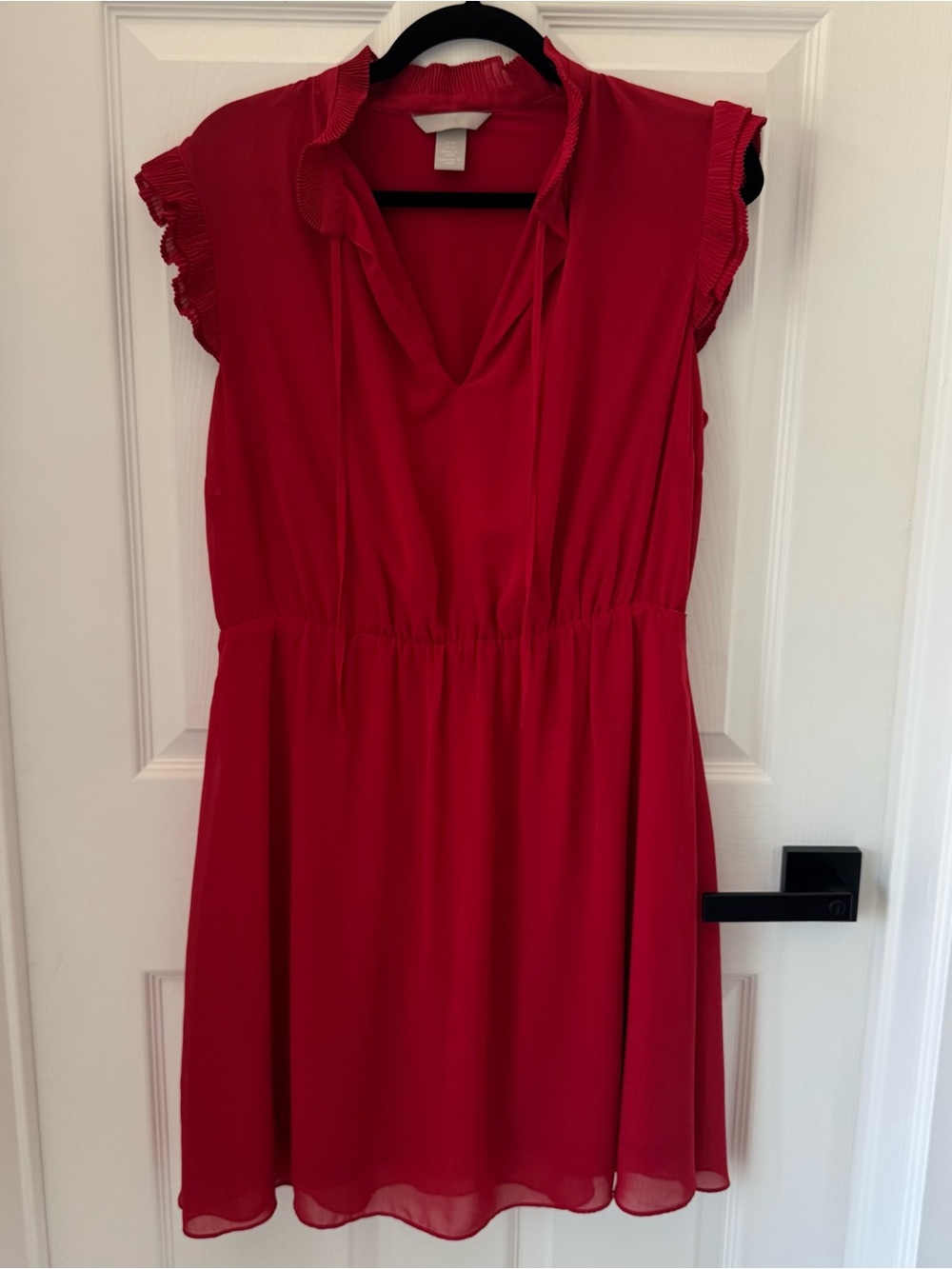 H&M Red Mini Dress Pleated Flutter Sleeves Textured Fabric Split Neck Chiffon